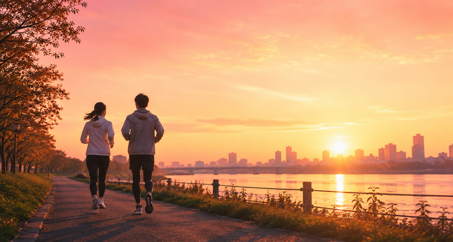 夕日の中をランニングする2人